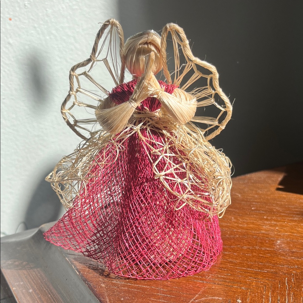 Handcrafted Straw Angel Figurine ornament with Red Dress